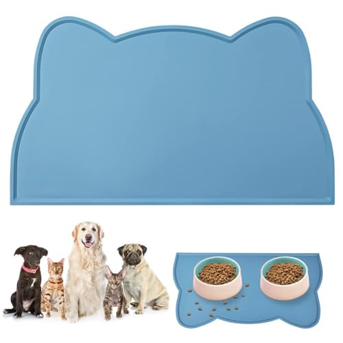 Adiwo Napfunterlage für Kleine Hunde und Katze, 44 x 25 cm Napfunterlage Silikon wasserdichte und rutschfeste Silikon Fressnapf Unterlage Unterlage für Katzennapf Futtermatten (Blau) von Adiwo