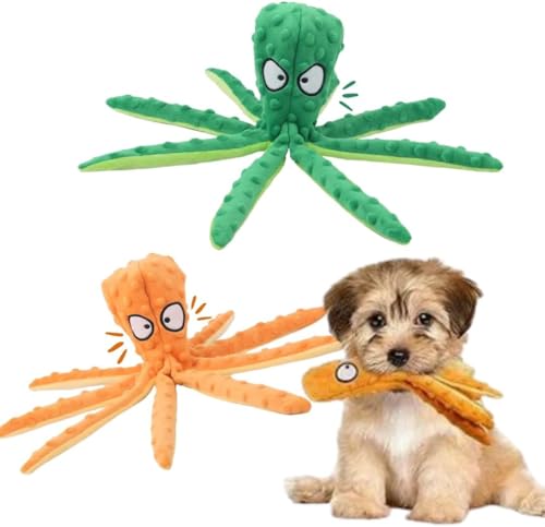 AdoPet Quietschspielzeug für Haustiere, Oktopus, keine Füllung, knisterndes Plüschspielzeug, langlebig, interaktiv, niedlich, Kauspielzeug, Größe, 2 Stück (Orange + Grün) von AdoPet