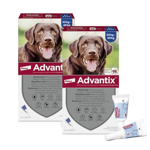 Advantix Sparset: Elanco Spot-On für große Hunde von 25 bis 40 kg gegen Zecken, Sandmücken, Stechmücken, Stechfliegen und Flöhe: Wirkung bis zu 4 Wochen, 2 x 4 Pipetten Packung von Advantix