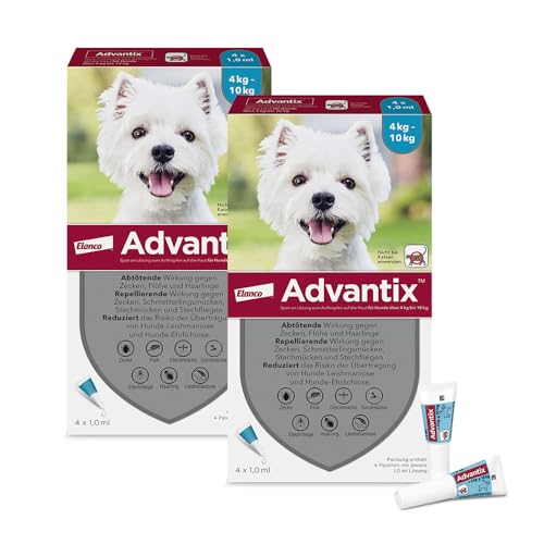 Advantix Sparset: Elanco Spot-On für kleine Hunde von 4 bis 10 kg gegen Zecken, Sandmücken, Stechmücken, Stechfliegen und Flöhe: Wirkung bis zu 4 Wochen, 2 x 4 Pipetten-Packung von Advantix