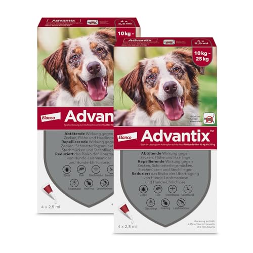 Advantix Sparset: Elanco Spot-On für mittelgroße Hunde von 10 bis 25 kg gegen Zecken, Sandmücken, Stechmücken, Stechfliegen und Flöhe: Wirkung bis zu 4 Wochen, 2 x 4 Pipetten-Packung von Advantix