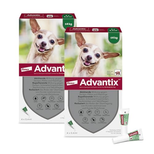 Advantix Sparset: Elanco Spot-On für sehr kleine Hunde bis 4 kg gegen Zecken, Sandmücken, Stechmücken, Stechfliegen und Flöhe: Wirkung bis zu 4 Wochen, 2 x 4 Pipetten-Packung von Advantix