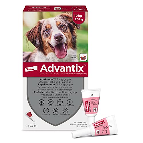 Elanco ADVANTIX Spot-On für mittelgroße Hunde von 10-25 kg gegen Zecken, Sandmücken, Stechmücken, Stechfliegen und Flöhe: Wirkung bis zu 4 Wochen, 4 Pipetten-Packung von Advantix