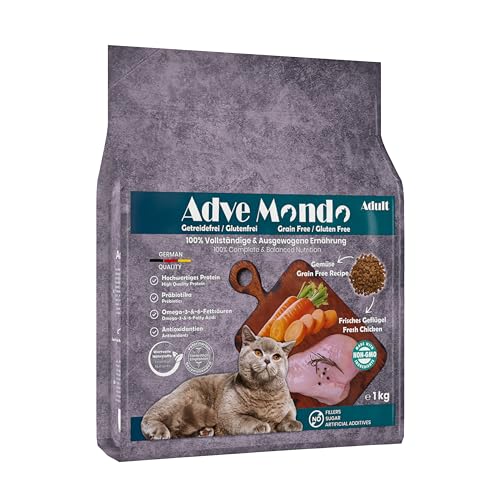 Adve® Mondo Adult Cat – Trockenfutter für ausgewachsene Katzen Aller Rassen – getreidefrei – glutenfrei – Geflügel mit Gemüse – Sensible Verdauung – 2 x 1 kg Zip-Beutel von Adve