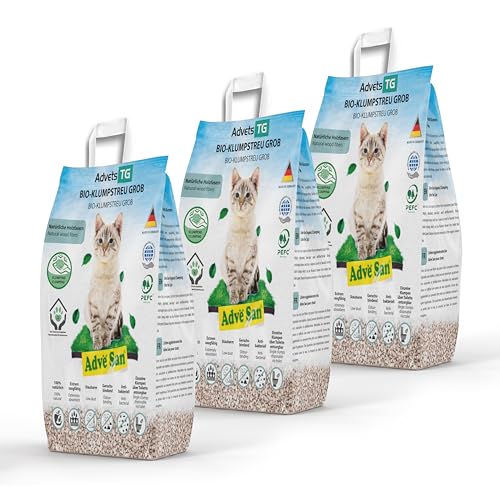 Adve® San Klumpendes Bio-Katzenstreu aus Holz - 100% Natürlich - Klumpstreu pflanzlich - Holzstreu - in der Toilette entsorgbar - 12.9 kg / 30 l (3 x 10 l) von Adve