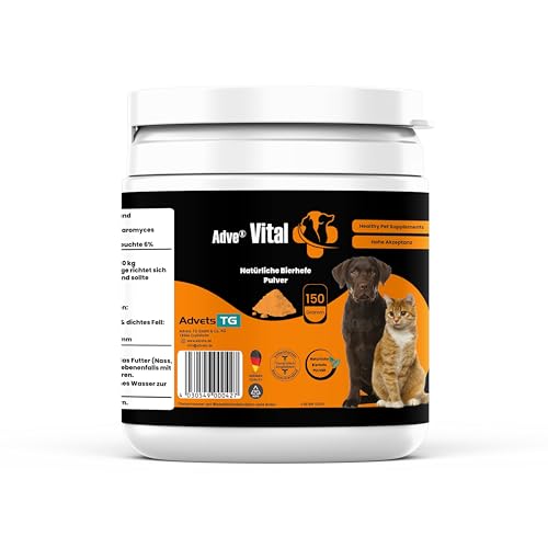 Adve® Vital – Einzelfuttermittel für Hunde und Katzen – Hochwertige Qualitäts-Bierhefe – für glänzendes Fell und bei Verdauungsproblemen – 150 g Dose von Adve