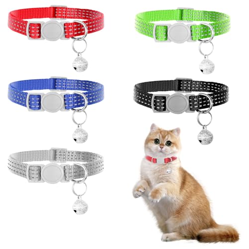 Aeaocvo 5 Stück Katzenhalsband, 21-28 cm Verstellbar Katzen Halsbänder mit Sicherheitsverschluss, Sicheres Reflektierend Katzenhalsbänder mit Glöckchen von Aeaocvo