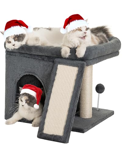 Aechonow Katz Kratzbaum für Große Katzen, Katzentonne mit 50x40cm Gross Plattform Bett, Katzenhöhle Katzenhaus für Klein Alte Katz,1 Kratzpappe, 1 Sisalseil Kratz Stamm, Dunkel Grau von Aechonow