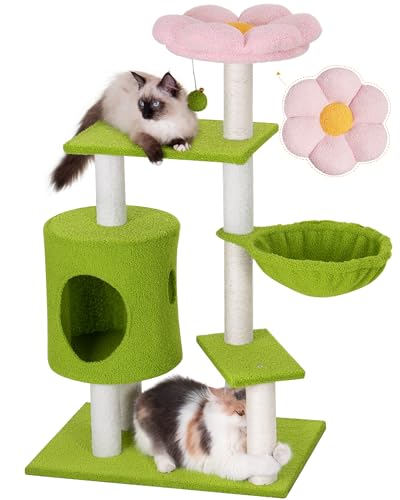 Aechonow Katzen Kratzbaum Blumen mit Kratzstamm, 104 cm Cute Katzen Baum, Flower Kratztonne für Klein Katzen, Mehrstöckiger Katzenturm mit Hängematte und Katzenhöhle, Grün Rosa von Aechonow