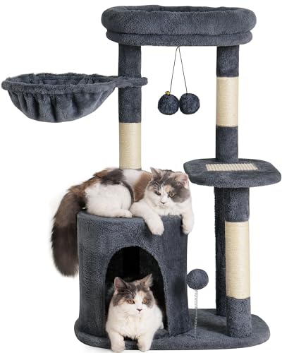 Aechonow Katzenbaumturm für den Innenbereich mit Katzenhütte und tiefer Hängematte, kleiner Katzenturm mit natürlichem Sisal-Kratzbaum und hängenden Bällen für Kätzchen – Dunkelgrau von Aechonow