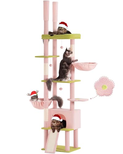 Aechonow Kratzbaum für große Katzen, hoher Katzenturm, verstellbar (220–270 cm), Kletterbaum mit Katzenhütte, Katzenhängematte und Kratzbaum für Indoor-Katzen, Blume von Aechonow