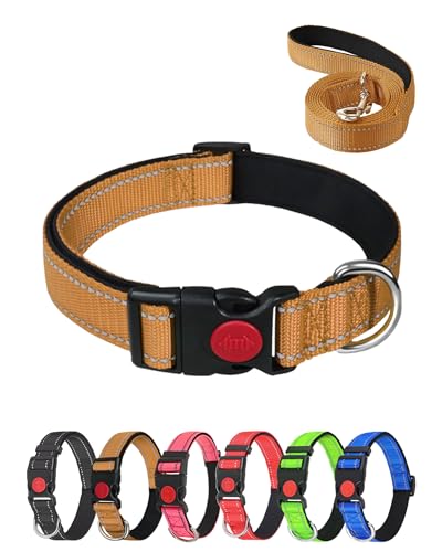 Aeclleca Reflektierendes Hundehalsband und Leine, Set mit Sicherheitsschnalle, verstellbar, weiches Nylon, Haustierhalsbänder für kleine, mittelgroße Hunde (Khaki, L) von Aecllcea