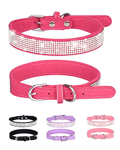 Gentle Leader für kleine Hunde, verstellbares Leder-Wildleder, personalisiertes Hundehalsband, Katzenhalsband, Strass-Hundehalsband (S, Rosarot) von Aecllcea