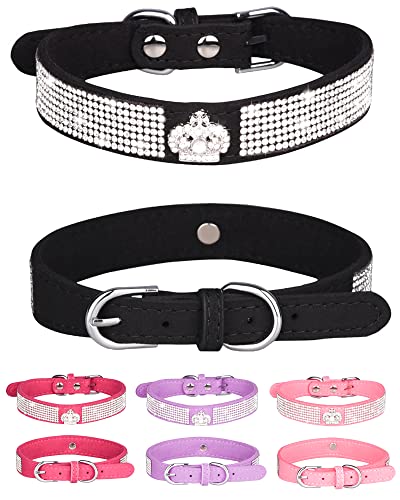 Hundehalsband für kleine Hunde, Verstellbares Leder Wildleder Bling Hundehalsbänder, Rosa Hundehalsband Katzenhalsband, Strass Hundehalsband (L, schwarz3) von Aecllcea