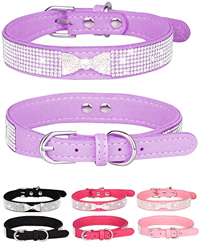 Hundehalsband für kleine Hunde, Verstellbares Leder Wildleder Bling Hundehalsbänder, Rosa Hundehalsband Katzenhalsband, Strass Hundehalsband (XS, lila4) von Aecllcea