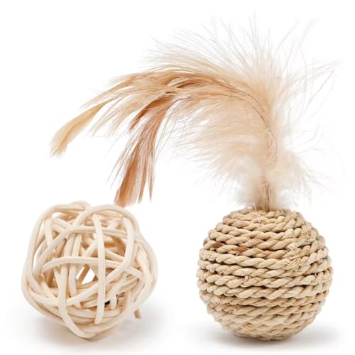 Aerensic 2 stücke Katzenspielzeug Haustier Rattan Ball Katzenspielzeug Lustige Faux Feder Katze Glocke Ball Kätzchen Spielen Interaktive Ball Spielzeug Haustier liefert(2pc) von Aerensic