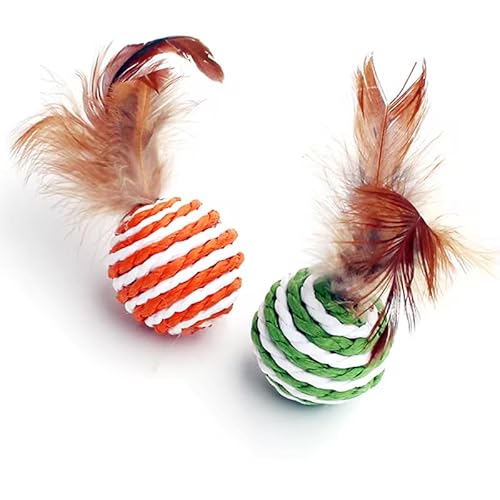 Aerensic 2 stücke Katzenspielzeug Haustier Rattan Ball Katzenspielzeug Lustige Faux Feder Katze Glocke Ball Kätzchen Spielen Interaktive Ball Spielzeug Haustier liefert(2pc Random) von Aerensic