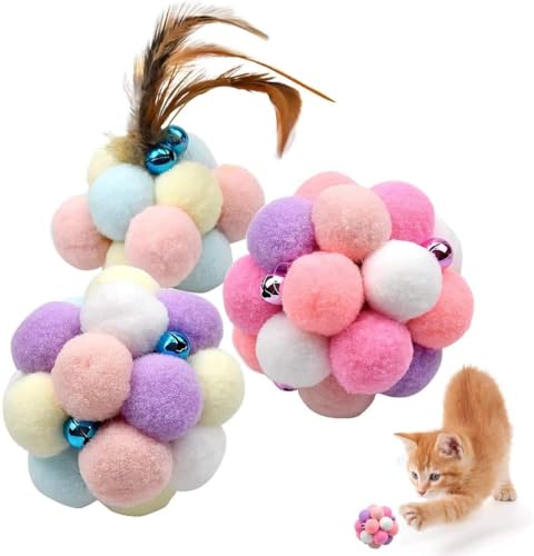 Aestm 3PCS Bunte Katze Ball, Feder Elastischer Ball, Bunte Pompom, Flauschigen Plüsch Bälle, Bommel, Ball Katze Interaktive Spielzeug Teaser Spielzeug Heimtierbedarf für Katze Hund Spielen von Aestm