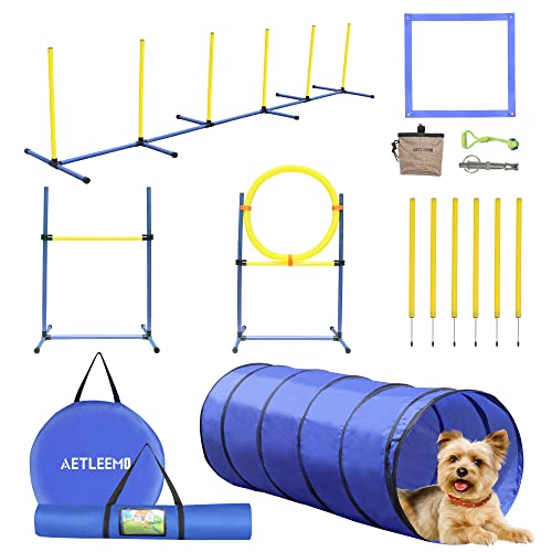 Aetleemo Agility-Trainingsgerät für Hunde, für drinnen und draußen, Deluxe-Hinderniskurs, Starter-Set mit Tunnel, verstellbare Hürde, Sprungring, 6 gewebte Stangen, Pausenbox, Tragetasche von Aetleemo