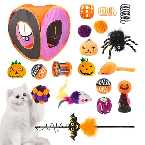 Aeutwekm Katzenspielzeug für den Innenbereich, niedliches interaktives Katzenspielzeug-Set, Halloween-Katzen-Federstab, Ball, Federmäuse, Spielzeug, faltbarer quadratischer Kanal, Kätzchen-Starter-Kit von Aeutwekm