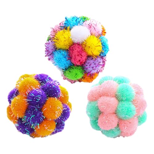 Aeutwekm Pom-Pom-Katzenspielzeug,Katzen-Pom-Pom-Bälle,Katzenspielzeugbälle 3 Stück | Sparkle Fuzzy-Katzenbälle für Bewegung und Unterhaltung, Kicker-Spielzeug, Katzenspielzeug für Katzen und Kätzchen von Aeutwekm