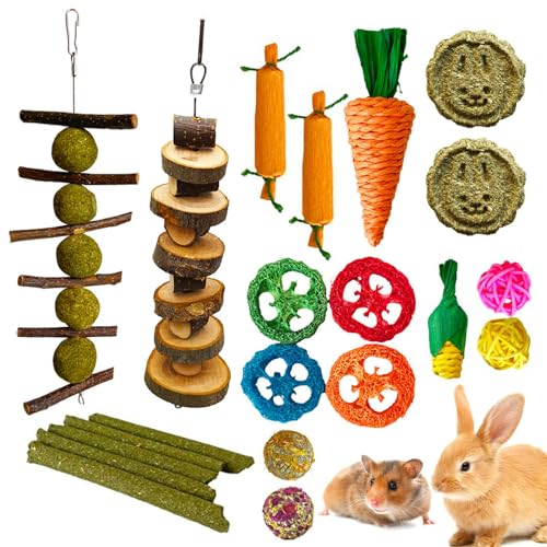 Afenau Kauspielzeug für Kaninchen, Meerschweinchen, Zahnreinigung, Backenzahnspielzeug, natürliche Holz-Leckerlis für Kaninchen, Hamster, Apfelstab, Grasball, Heuball, Molar-Snack, Kaninchenspielzeug, von Afenau