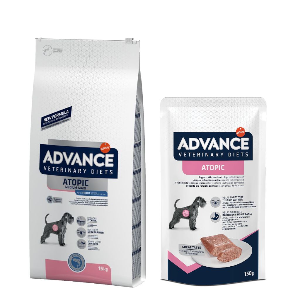 10 kg / 12 kg / 15 kg Advance Veterinary Diets + 8 x 150 g passendes Nassfutter gratis! - 15 kg Atopic mit Forelle + 8 x 150 g Atopic von Affinity Advance Veterinary Diets