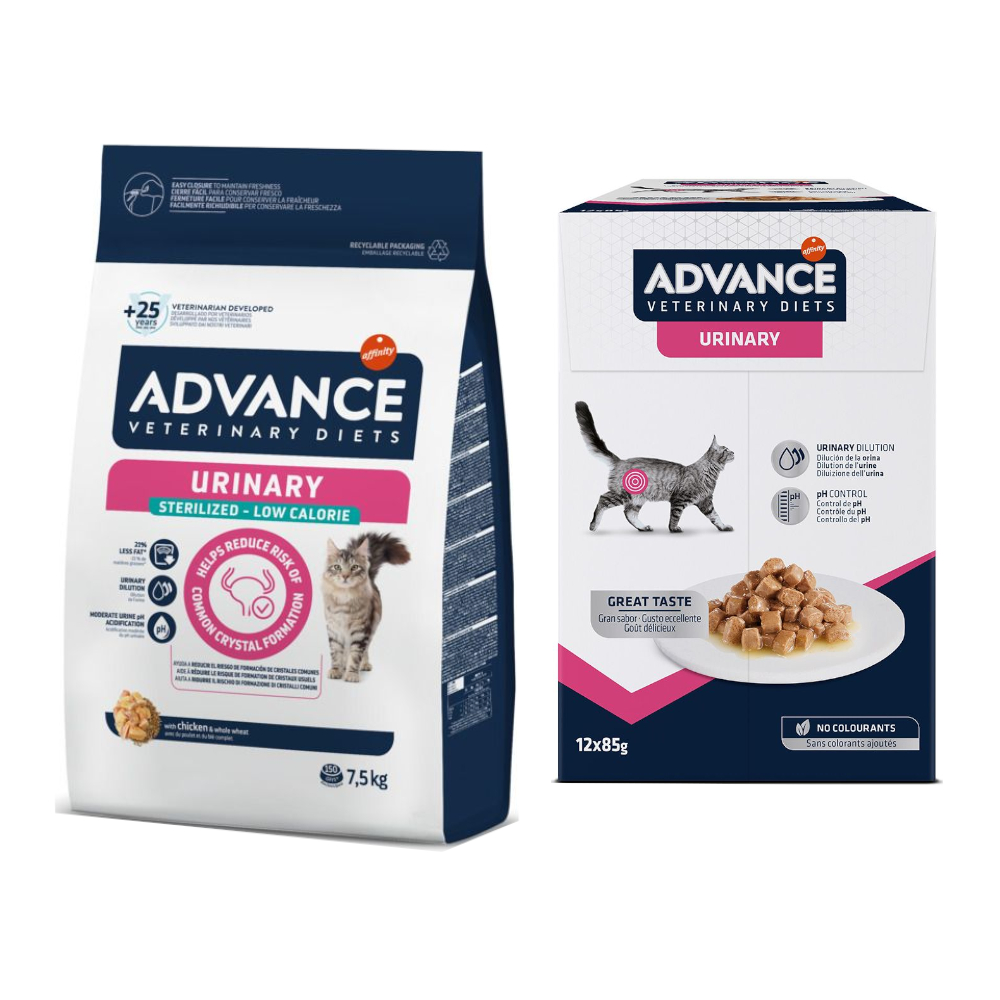 7,5 kg / 8 kg Advance Veterinary Diets + 12 x 85 g passendes Nassfutter zum Sonderpreis! - 7,5 kg Urinary Sterilized Low Calorie + 12 x 85 g Urinary von Affinity Advance Veterinary Diets