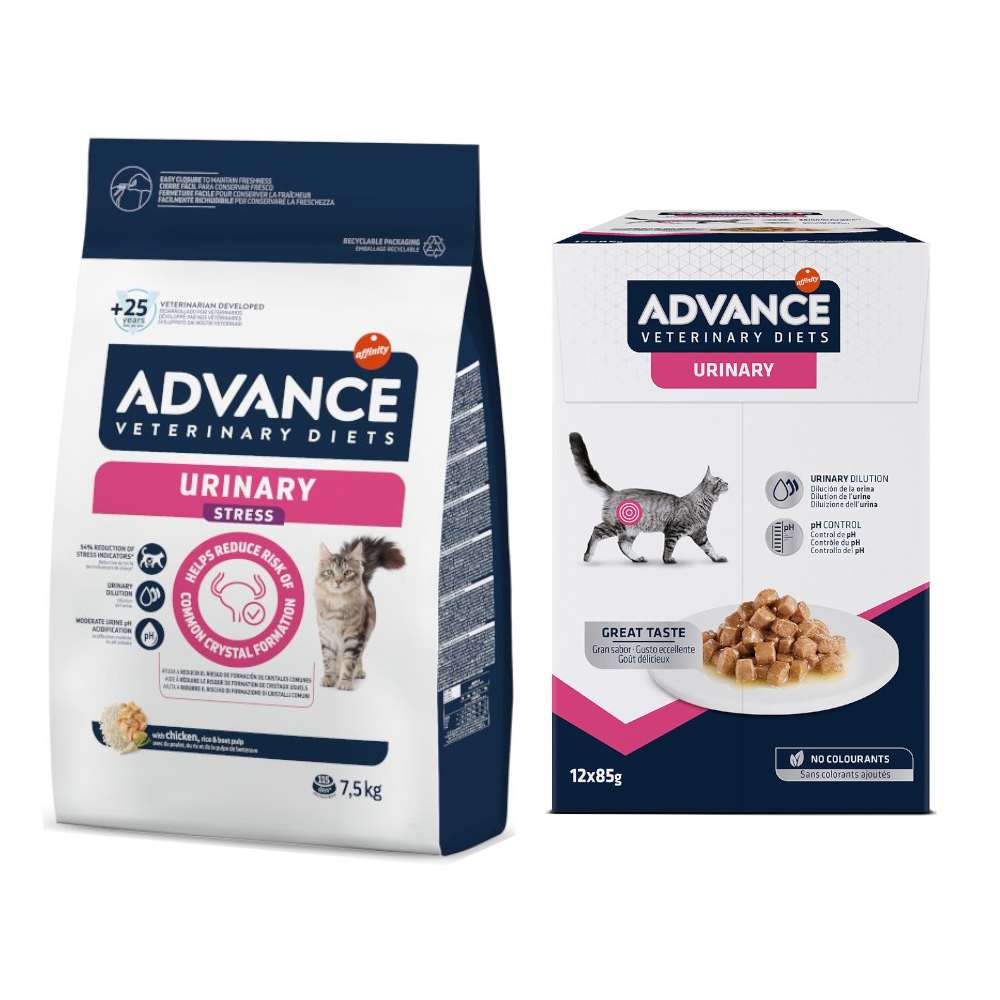 7,5 kg / 8 kg Advance Veterinary Diets + 12 x 85 g passendes Nassfutter zum Sonderpreis! - 7,5 kg Urinary Stress + 12 x 85 g Urinary von Affinity Advance Veterinary Diets