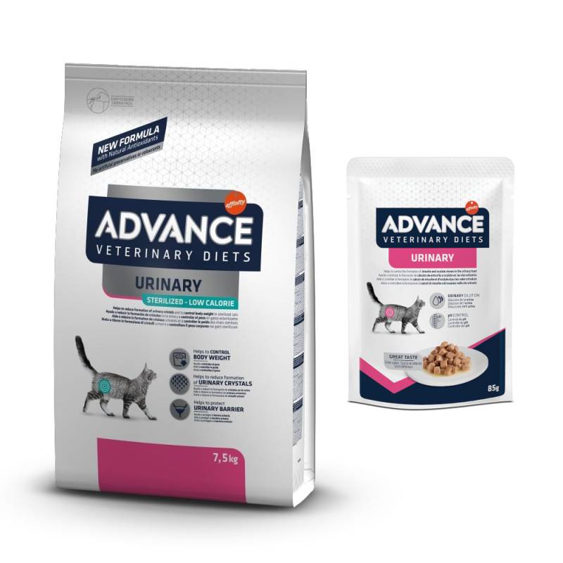 Advance Veterinary Diets + 12 x 85 g passendes Nassfutter zum Sonderpreis! - 7,5 kg Sterilized Low Calorie + 12 x 85 g Urinary von Affinity Advance Veterinary Diets