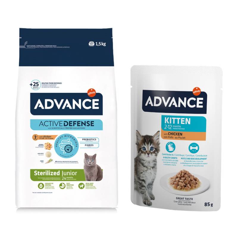 1,5 kg Advance Trockenfutter + 12 x 85 g Nassfutter gratis! - Sterilized Junior mit Huhn von Affinity Advance