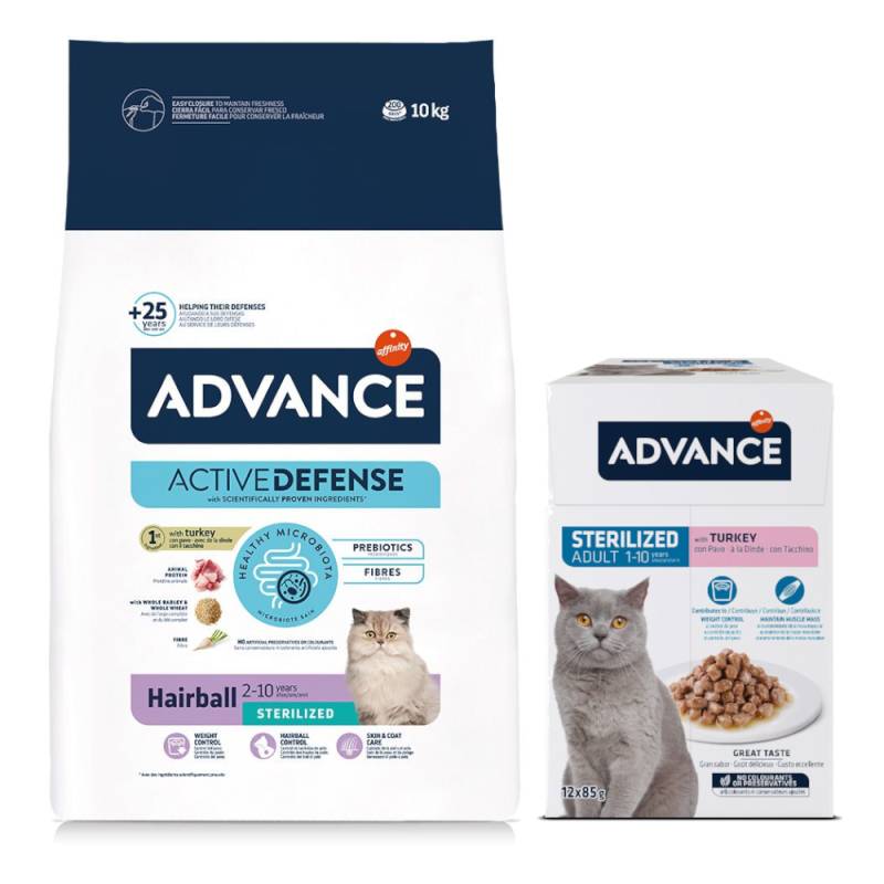 10 kg Advance + 12 x 85 g passendes Nassfutter zum Sonderpreis! - 10 kg Sterilized Hairball + 12 x 85 g Sterilized Truthahn von Affinity Advance