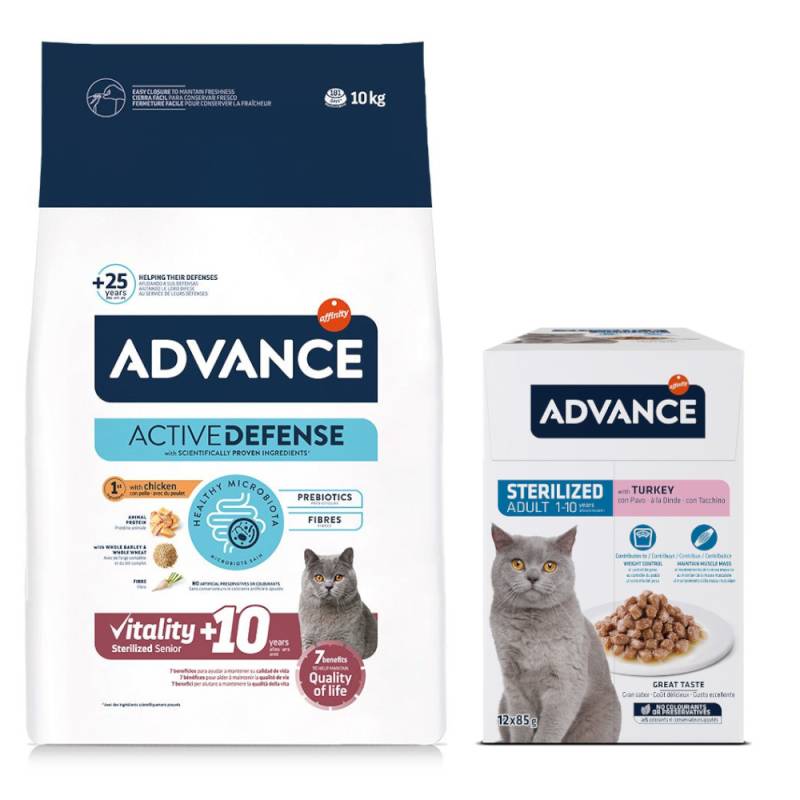 10 kg Advance + 12 x 85 g passendes Nassfutter zum Sonderpreis! - 10 kg Sterilized Senior +10 mit Huhn + 12 x 85 g Sterilized Truthahn von Affinity Advance