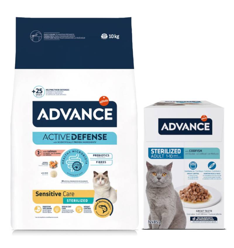 10 kg Advance + 12 x 85 g passendes Nassfutter zum Sonderpreis! - 10 kg Sterilized Sensitive + 12 x 85 g Sterilized Kabeljau von Affinity Advance