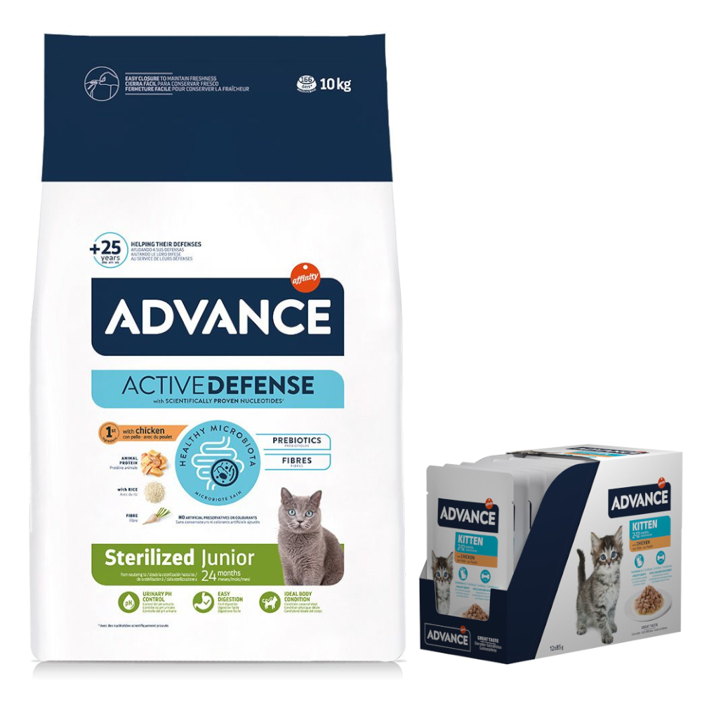 10 kg Advance Trockenfutter + 12 x 85 g passendes Nassfutter zum Sonderpreis! - 10 kg Sterilized Junior mit Huhn + 12 x 85 g Kitten Huhn von Affinity Advance