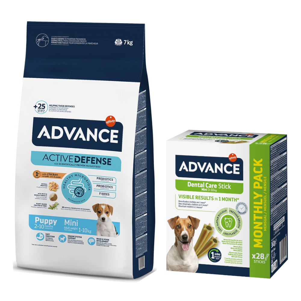 Advance Trockenfutter + passende Dental Care Snacks gratis! - 7 kg Mini Puppy Protect + 360 g Mini von Affinity Advance