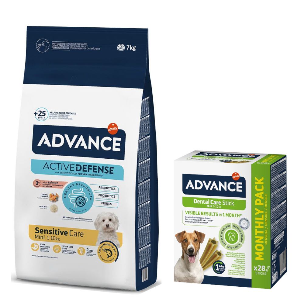 Advance Trockenfutter + passende Dental Care Snacks gratis! - 7 kg Mini Sensitive + 360 g Mini von Affinity Advance