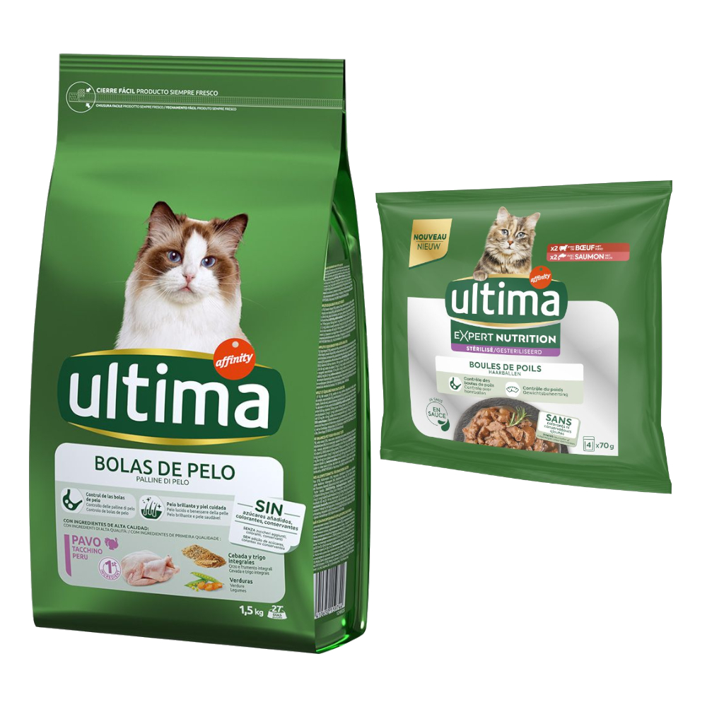 1,5 kg / 3 kg / 7,5 kg Ultima + 4 x 70 g Expert Nutrition gratis! - 1,5 kg Hairball Truthahn & Reis + 4 x 70 g Hairball Rind & Lachs von Affinity Ultima