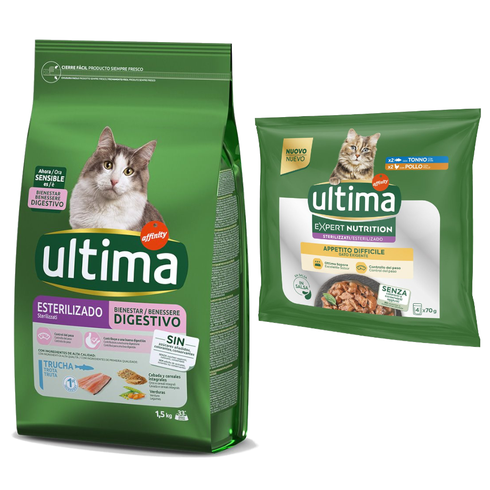 1,5 kg / 3 kg / 7,5 kg Ultima + 4 x 70 g Expert Nutrition gratis! - 1,5 kg Sterilized Sensible Forelle + 4 x 70 g Difficult Appetite Thunfisch & Huhn von Affinity Ultima