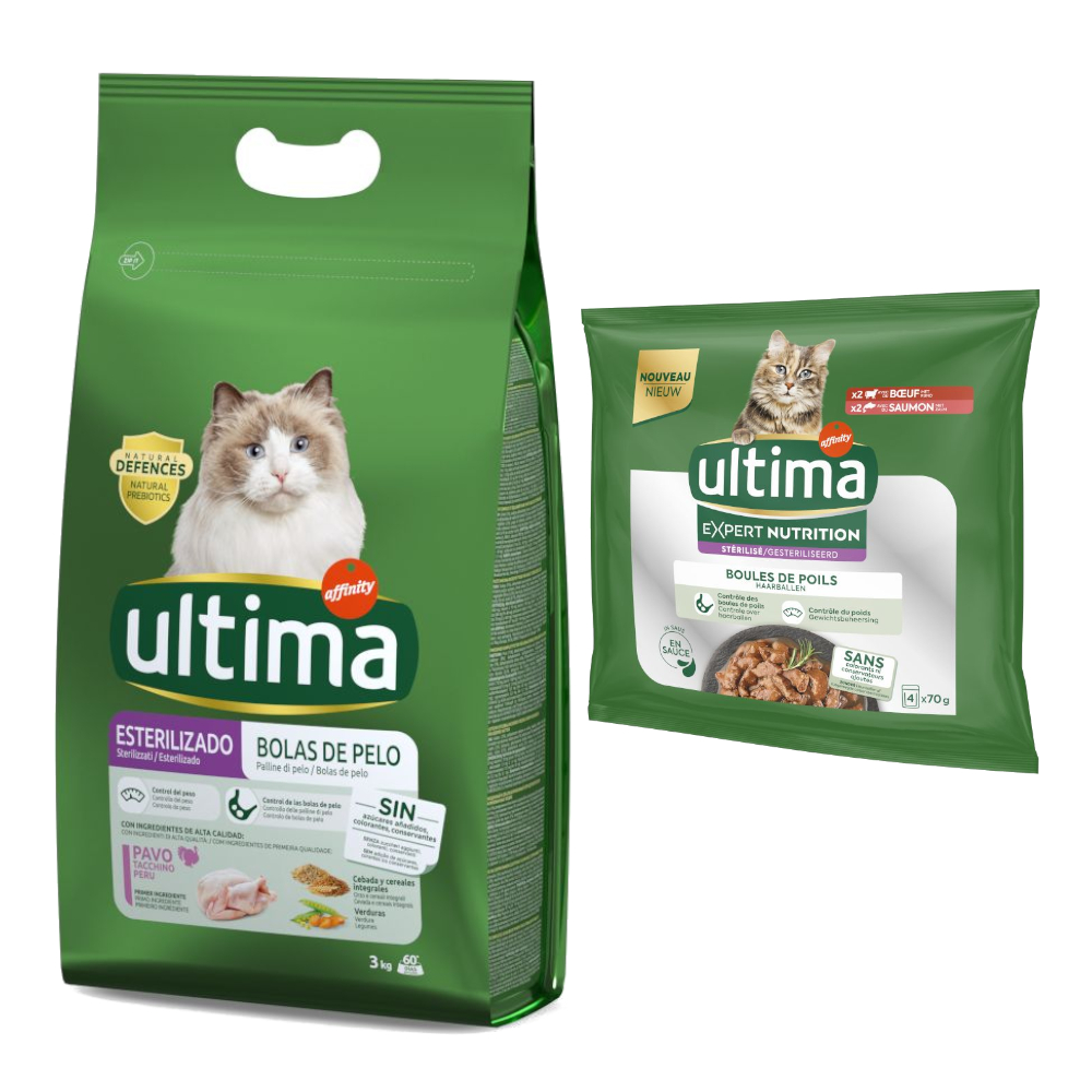 1,5 kg / 3 kg / 7,5 kg Ultima + 4 x 70 g Expert Nutrition gratis! - 3 kg Sterilized Hairball + 4 x 70 g Hairball Rind & Lachs von Affinity Ultima