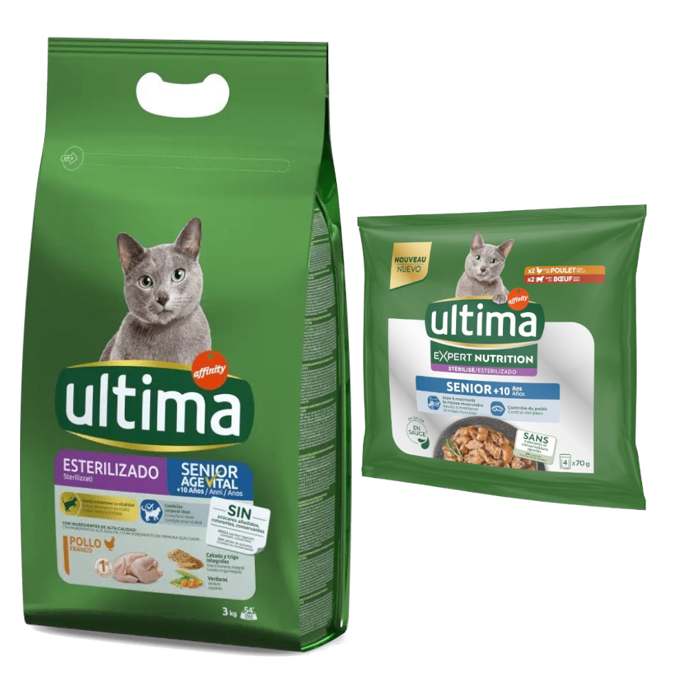 1,5 kg / 3 kg / 7,5 kg Ultima + 4 x 70 g Expert Nutrition gratis! - 3 kg Sterilized Senior + 4 x 70 g Senior Huhn & Rind von Affinity Ultima