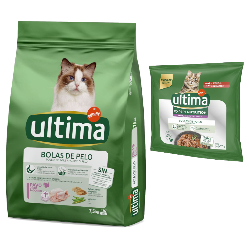 1,5 kg / 3 kg / 7,5 kg Ultima + 4 x 70 g Expert Nutrition gratis! - 7,5 kg Hairball Truthahn & Reis + 4 x 70 g Hairball Rind & Lachs von Affinity Ultima