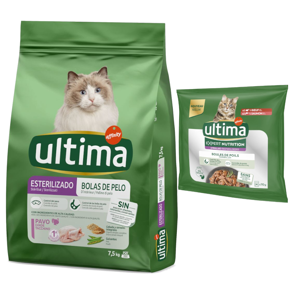 1,5 kg / 3 kg / 7,5 kg Ultima + 4 x 70 g Expert Nutrition gratis! - 7,5 kg Sterilized Hairball + 4 x 70 g Hairball Rind & Lachs von Affinity Ultima