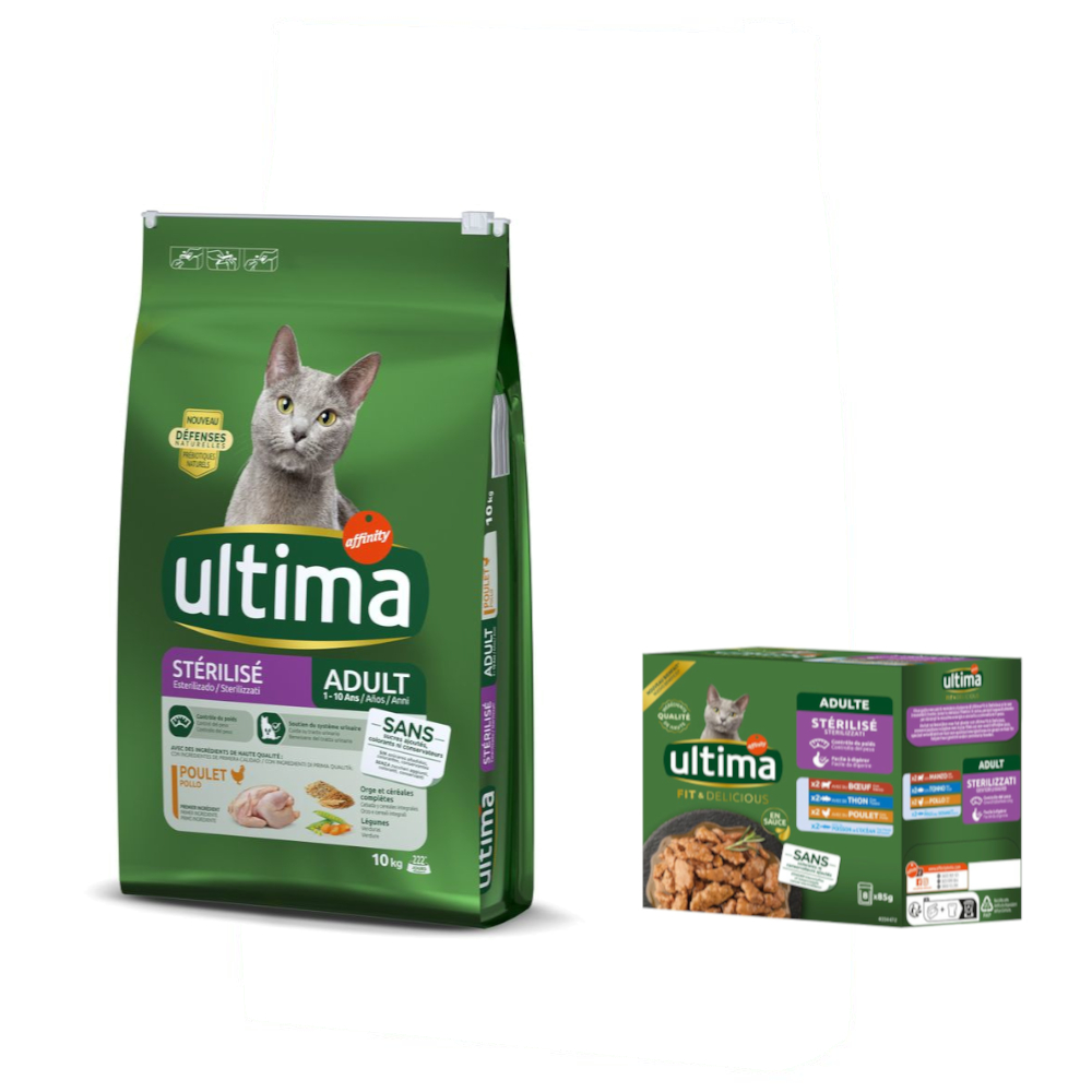 10 kg Ultima Trockenfutter + 8 x 85 g Sterilized Nassfutter-Mix II gratis! - Sterilized Huhn & Gerste von Affinity Ultima