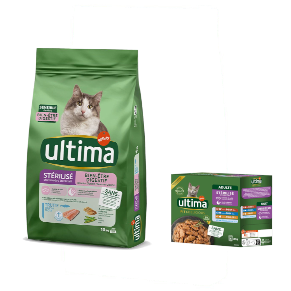 10 kg Ultima Trockenfutter + 8 x 85 g Sterilized Nassfutter-Mix II gratis! - Sterilized Sensible Forelle von Affinity Ultima