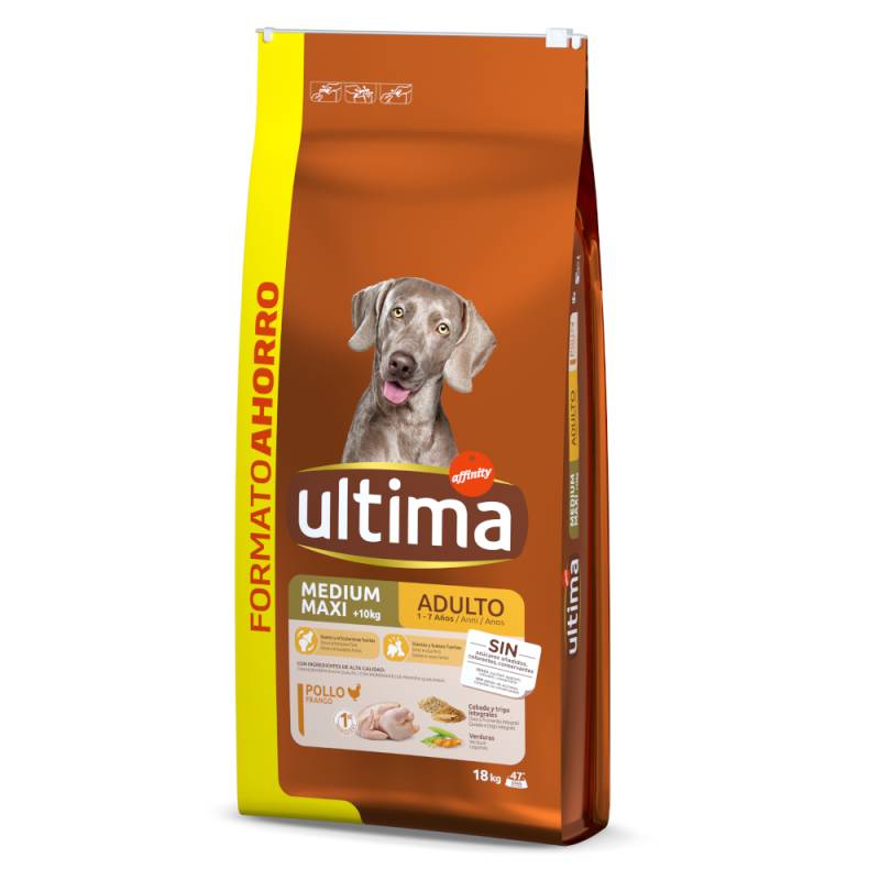 2 kg / 3 kg gratis! 12 kg / 14 kg / 18 kg Ultima - 18 kg Medium / Maxi Adult Huhn & Reis von Affinity Ultima