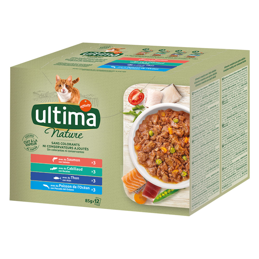 38 + 10 gratis! 48 x 85 g Ultima Cat - Nature: Fischauswahl (Lachs, Thunfisch, Ozeanfisch, Kabeljau) von Affinity Ultima