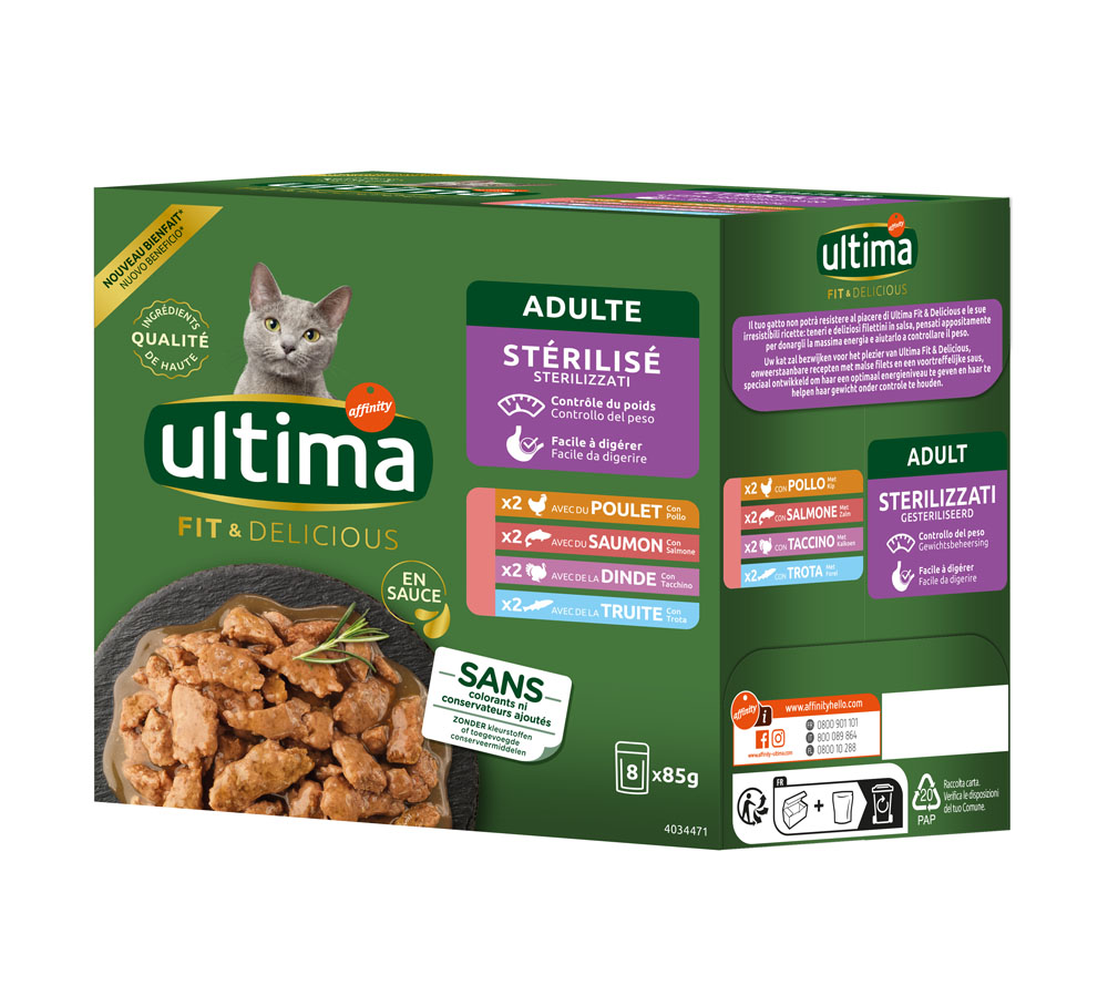 Ultima Sterilized Katze 48 x 85 g - Mix I (Huhn, Truthahn, Lachs, Forelle) von Affinity Ultima