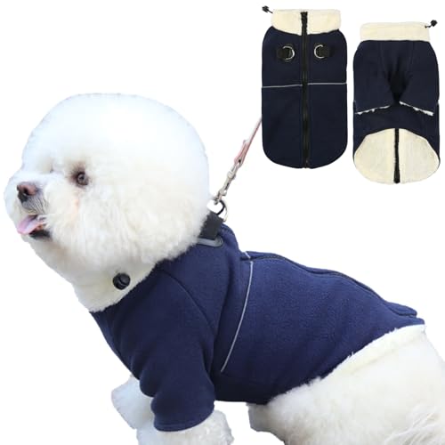Afuwarm Hundepullover mit Reißverschluss und integriertem Geschirr, Dunkelblau, Größe M, warmer Doppel-Fleece-Pullover für kleine Hunde von Afuwarm