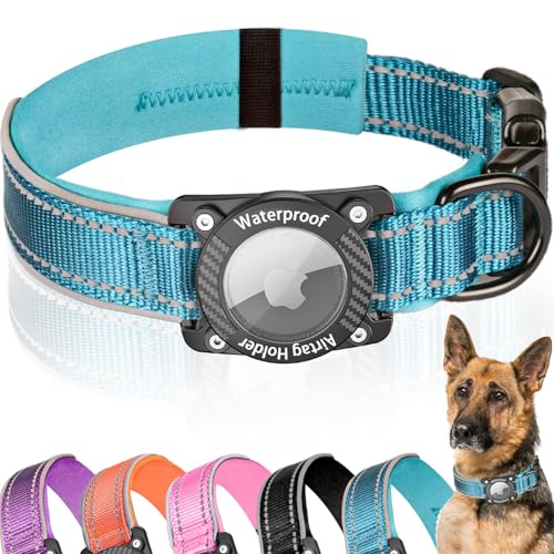 AgoumLux Airtag Hundehalsband, Air Tag Wasserdicht Hundehalsband mit Airtag Halter, Reflektierendes Airtag Halsband Hund mit Weicher Polsterung für Kleine, Mittlere und Große Hunde, Blau, L von AgoumLux